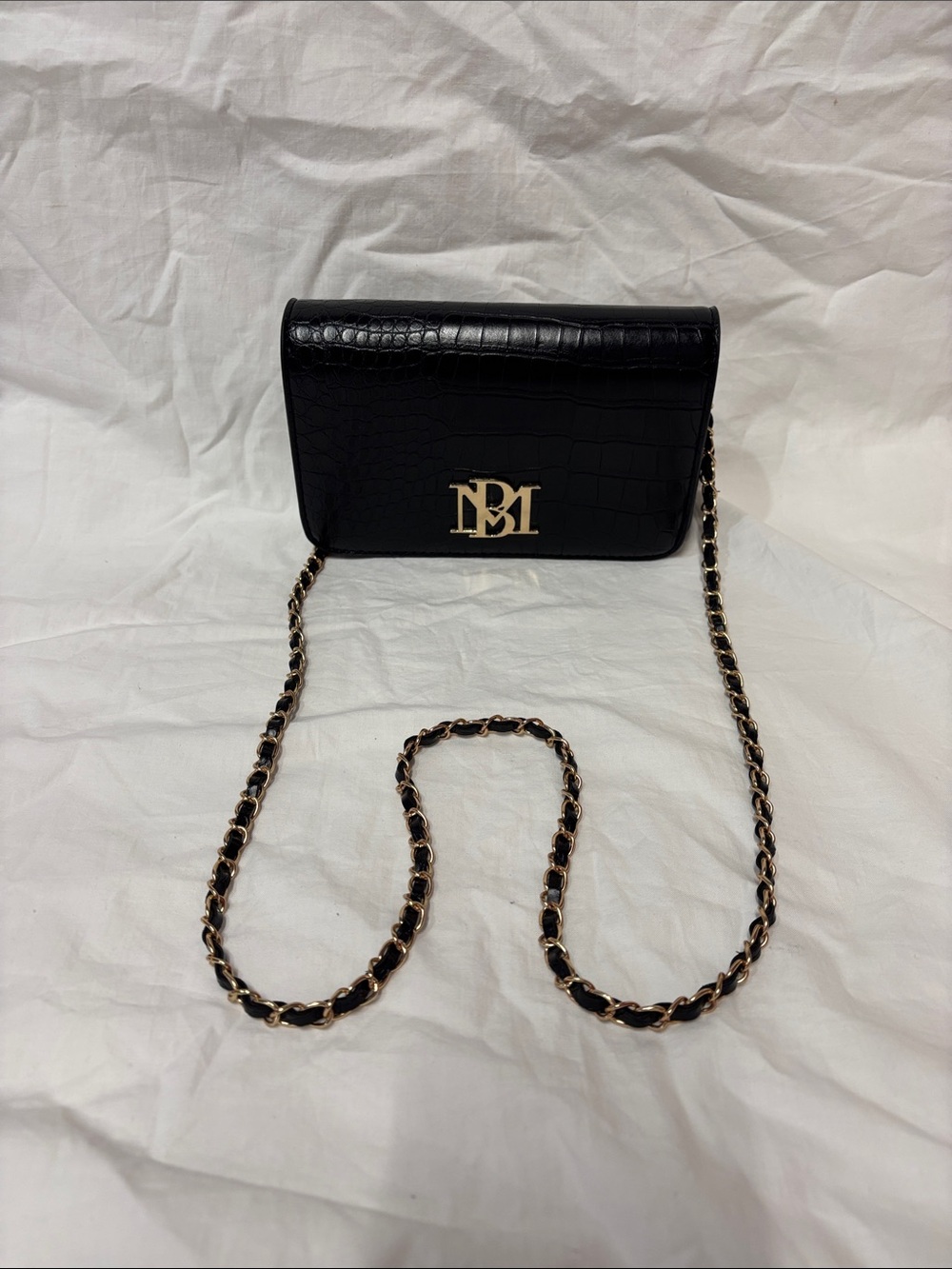 Bartley Mischka black Croc-Embossed Chain Shoulder Bag with Gold Logo